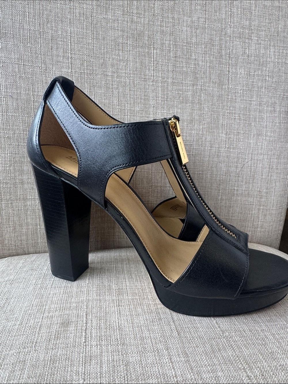 MICHAEL Michael Kors Black Leather T‑Strap Heels with Gold Zip